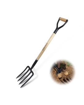 Forcolid Garden Fork 4Tine Spading Digging Fork Pitch Fork45Inch Forged Steel Ygrip Wood Handel