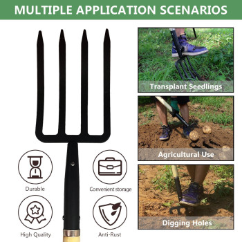 Forcolid Garden Fork 4Tine Spading Digging Fork Pitch Fork45Inch Forged Steel Ygrip Wood Handel