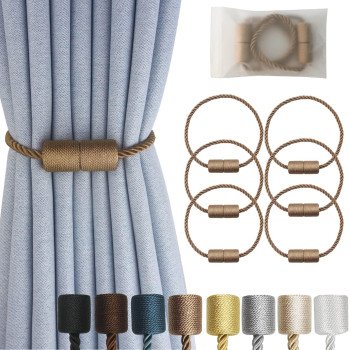 Hangtty Magnetic Curtain Tiebacks 6 Pack Khaki Curtain Rope Tieback Curtain Holders For Drapes Modern Tie Backs Decorative Curta