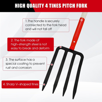 Dikuyeel Heavy Duty Garden Fork For Digging 4 Tines Pitch Fork For Gardening Compost Garden Pitch Fork With Wooden Handle 45