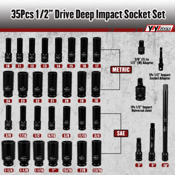 Yiyitools Impact Socket Set 12 Inch Socket Set Sae 38 To 114 Inch And Metric 1024Mm With Extension Bars Universal Joint