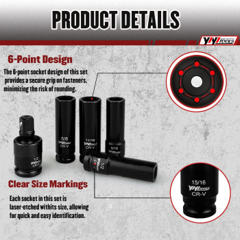 Yiyitools Impact Socket Set 12 Inch Socket Set Sae 38 To 114 Inch And Metric 1024Mm With Extension Bars Universal Joint