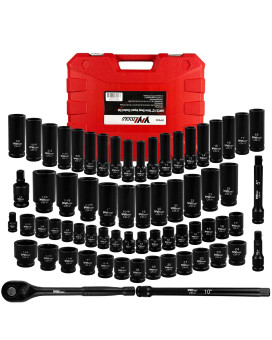 Yiyitools 66Pcs 12 Drive Deep Impact Socket Set Sae 38114 And Metric 824Mm Size With Drive Ratchet Handle Extension