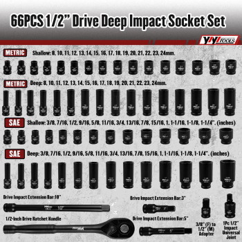 Yiyitools 66Pcs 12 Drive Deep Impact Socket Set Sae 38114 And Metric 824Mm Size With Drive Ratchet Handle Extension