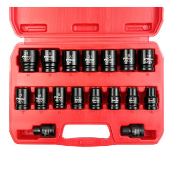 Yiyitools 17Pcs 12 Drive Shallow Impact Socket Set824Mm Metric Socket Set 6Point Crv Steel For Automotive Maintenance Re