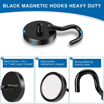 Lovimag Magnetic Hooks 40Lbs Black Magnet Hooks Strong Neodymium Magnets With Epoxy Coating Metal Magnetic Hooks For Refrigera