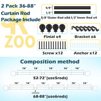 2 Pack Black Curtain Rods 48 To 84 Inches47 Feet 58 Inch Splicing Drapery Rods Small Curtain Rods Set Size 3688 Matte