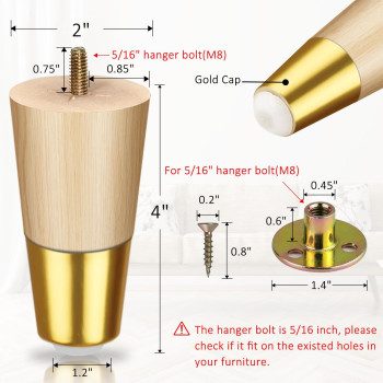 Jamiewin Wood Furniture Legs 4 Inch Set Of 4 Wooden Sofa Leg With Gold Caps Midcentury Modern Replacement Feet For Couch Dres