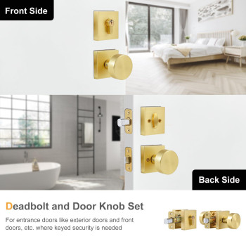 Coolnews Gold Door Knob And Single Cylinder Deadbolt Set Exterior Door Knobs With Lock And Deadbolt Stain Brass Finish