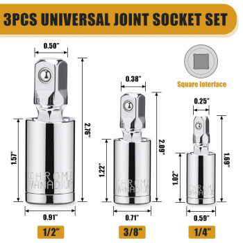 3Pcs Universal Joint Socket Set 14 38 12 Drive Swivel Socket Adapter Set Premium Chrome Vanadium Steel Universal J