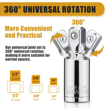 3Pcs Universal Joint Socket Set 14 38 12 Drive Swivel Socket Adapter Set Premium Chrome Vanadium Steel Universal J