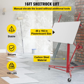 Vevor 16Ft Drywall Lift Sheetrock Lift 150Lb Weight Capacity Drywall Panel Hoist Jack Construction Tools With Adjustable Teles