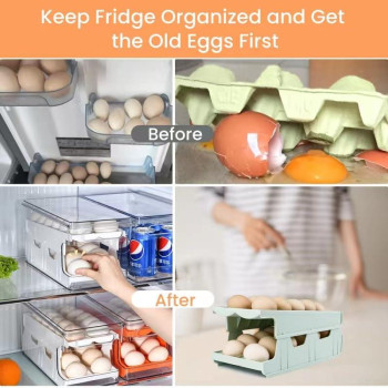 Vphom Rolling Egg Holder For Refrigerator With Organizer Bin 24 Egg Dispenser For Refrigerator Fridge Countertop Rolling Egg