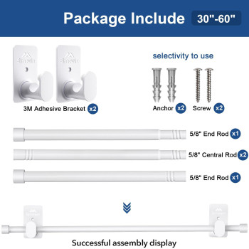 Simewin Curtain Rods No Drilling For Windows 30 To 60 Inches 58 Inch Diameter No Drill Small Curtain Rod Set With 3M Adhesive B