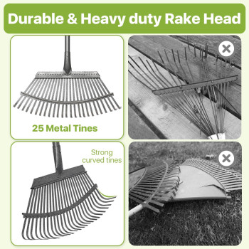 Rake For Leaves 25Tine Leaf Rakes For Lawns Heavy Duty Leaves For Yard Lawn 185Inch Wide Metal Rake With Adjustable Handle