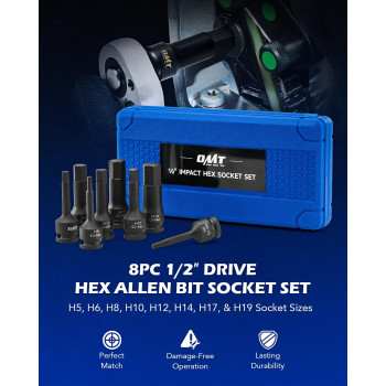 Orion Motor Tech Hex Allen Bit Sockets 8Pc 12 Drive Impact Allen Bit Socket Set With H5 H6 H8 H10 H12 H14 H17 H19 Sockets