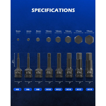 Orion Motor Tech Hex Allen Bit Sockets 8Pc 12 Drive Impact Allen Bit Socket Set With H5 H6 H8 H10 H12 H14 H17 H19 Sockets