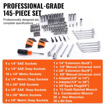 Vevor Mechanics Tool Set And Socket Set 14 And 38 Drive Deep And Standard Sockets 145 Pcs Sae And Metric Mechanic Tool K