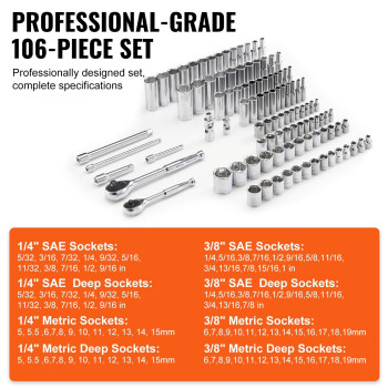 Vevor Socket Set 14 And 38 Drive Socket And Ratchet Set 6Point Socket Opening 106 Pcs Tool Set Sae And Metric Deep An