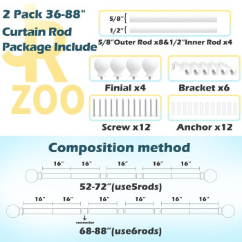 2 Pack White Curtain Rods 48 To 84 Inches47 Feet 58 Inch Splicing Drapery Rods Small Curtain Rods Set Size 3688 White