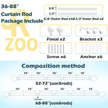 White Curtain Rods 48 To 84 Inches47 Feet 58 Inch Splicing Drapery Rods Small Curtain Rods Set Size 3688 White