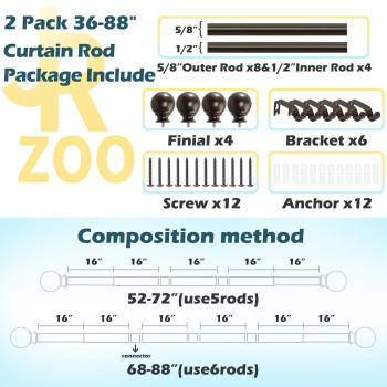 2 Pack Bronze Curtain Rods 48 To 84 Inches47 Feet 58 Inch Splicing Drapery Rods Small Curtain Rods Set Size 3688 Bronz
