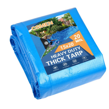 Csmen Tarp Heay Duty Waterproof 15X20Ft Blue Tarp Cover Plastic Poly Tarpaulin For Outdoor Cover Emergency Rain Roof Pool Boat