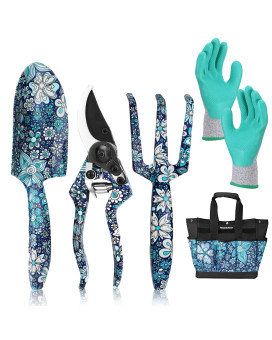 Workpro 5Pcs Garden Tool Set Aluminum Heavy Duty Gardening Tool Set With Garden Tool Bag Outdoor Garden Hand Tools Floral Blu