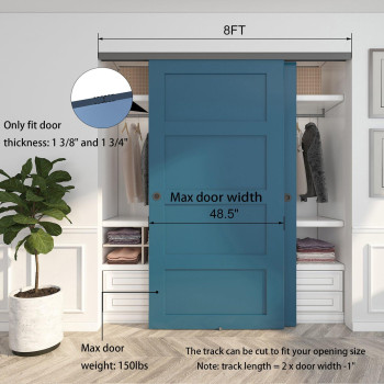 Jubest 8Ft Heavy Duty Bypass Door Hardware With Finger Pulls Sturdy Aluminum Sliding Closet Door Track For 2 Door System Quietly