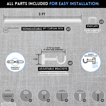 Blasthome Luxury 3 Ft Custom Curtain Rod 1 14 Large Diameter Premium Brackets Endcaps Nonadjustable Rods Connect For