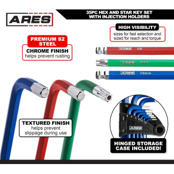 Ares 44035 35Piece Long Arm Hex And Star Key Set Allen Wrench Set Sae Metric And Torx Key Wrench Sizes Chrome Finish