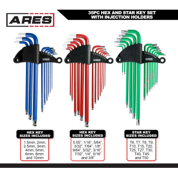 Ares 44035 35Piece Long Arm Hex And Star Key Set Allen Wrench Set Sae Metric And Torx Key Wrench Sizes Chrome Finish