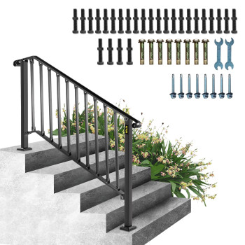 Vevor Handrail For Outdoor Steps 45 Steps Black Fence Outdoor Handrail Adjustable Metal Staircase Handrail Thickened Stair R