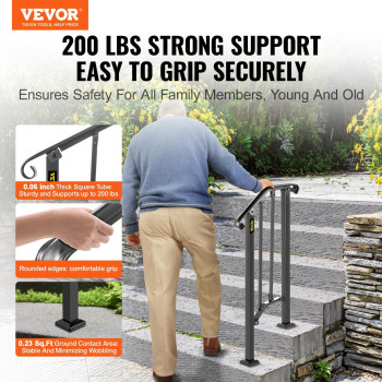 Vevor Handrail Picket 1 Fits 1 Or 2 Steps Matte Black Stair Rail Wrought Iron Handrail With Installation Kit Hand Rails For Out