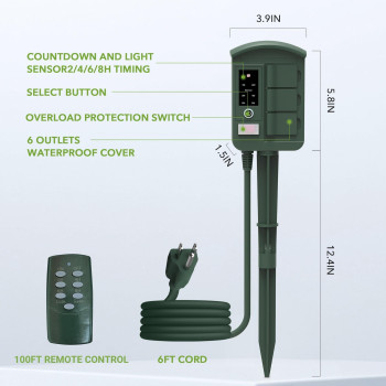 Bnlink Outdoor Power Stake Timer Waterproof Power Strip With 6 Grounded Outlets And 6Ft Extension Cord 100Ft Wireless Remote