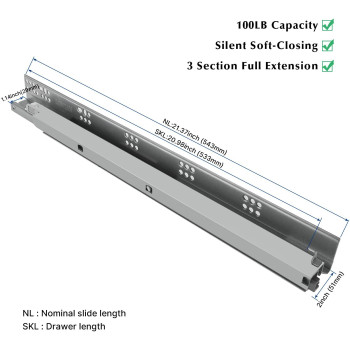 Lontan Undermount Drawer Slides 21 Inch Soft Close Drawer Slides 6 Pairs Full Extension Bottom Mount Dresser Drawer Slides For
