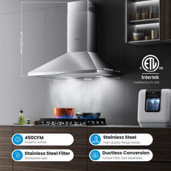 Midea Mvp30W6Ast Ducted Pyramid Range 450 Cfm Stainless Steel Wall Mount Vent Hood With 3 Speed Exhaust Fan 5Layer Aluminum Pe