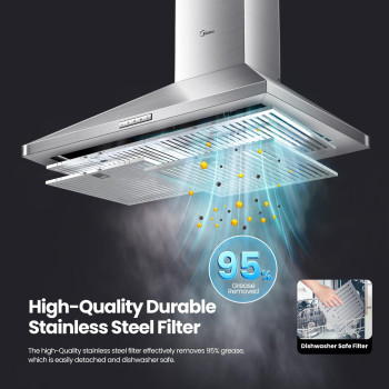 Midea Mvp30W6Ast Ducted Pyramid Range 450 Cfm Stainless Steel Wall Mount Vent Hood With 3 Speed Exhaust Fan 5Layer Aluminum Pe