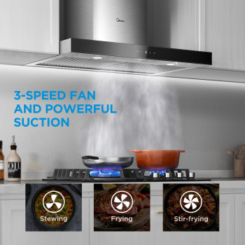 Midea Mvt30W9Ast Range 30 Inch 450Cfm Vent T Shape Stove Hood With 5Layer Aluminum Permanent Filters Kitchen Ductless Converti