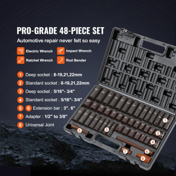 Vevor 38 Drive Impact Socket Set 48 Piece Socket Set Sae 516 34 Metric 822Mm6 Point Crv Drive Extension Bar U