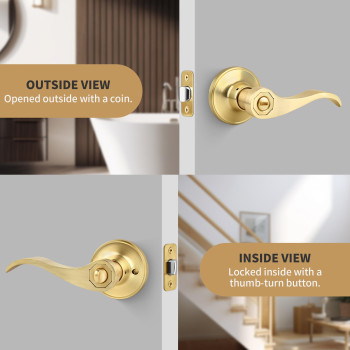 Gaurqiah Brushed Gold Wave Style Privacy Door Handle With Privacy Lock Keyless Door Lever For Bathroombedroom In Satin Brass F