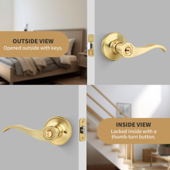 Gaurqiah Wave Style Entry Door Handle With Keys Keyed Door Lever With Lock For Frontentrance In Satin Brass Finish Reversible