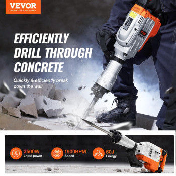 Vevor Demolition Jack Hammer Max 3500W Jack Hammer Concrete Breaker 1900 Bpm Heavy Duty Electric Jack Hammer 2Pcs Chisel With