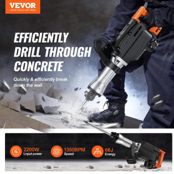 Vevor Demolition Jack Hammer Max 2200W Jack Hammer Concrete Breaker 1350 Bpm Heavy Duty Electric Jack Hammer 4Pcs Chisels Bit