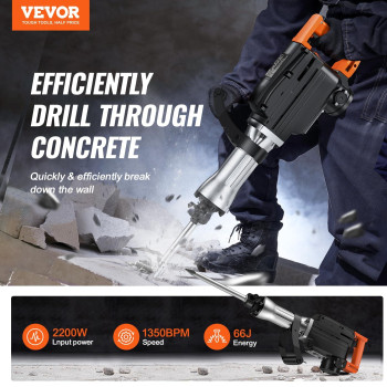 Vevor Demolition Jack Hammer Max 2200W Electric Jackhammer Heavy Duty 1350 Bpm Concrete Breaker 2Pcs Chisels Bit Chipping Wit