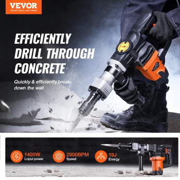 Vevor Demolition Jack Hammer Max 1400W Electric Jackhammer Heavy Duty 2900 Bpm Concrete Breaker 2Pcs Chisels Bits Chipping Wi