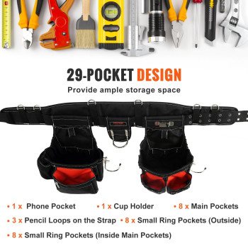 Vevor Professional Tool Belt Suspenders 2954 Adjustable 29 Pockets 1680D Polyester Heavy Duty Tool Belts Pouches Construc