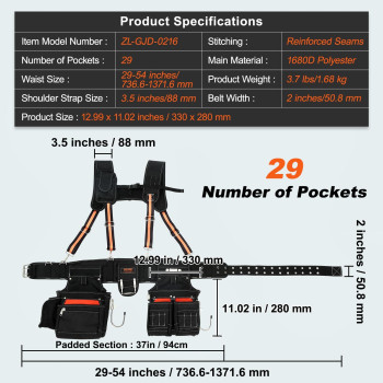 Vevor Professional Tool Belt Suspenders 2954 Adjustable 29 Pockets 1680D Polyester Heavy Duty Tool Belts Pouches Construc