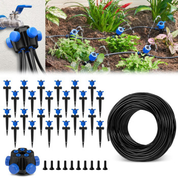 Hiraliy 85Ft Garden Watering System With 24Pcs Pressure Compensation Drippers And 5Way Connector New Quick Connector Drip Irri