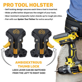 Spider Pro Tool Holster Upgraded Self Locking Quick Draw Universal Tool Holder With Ambidextrous Thumb Lock Clips Onto Any